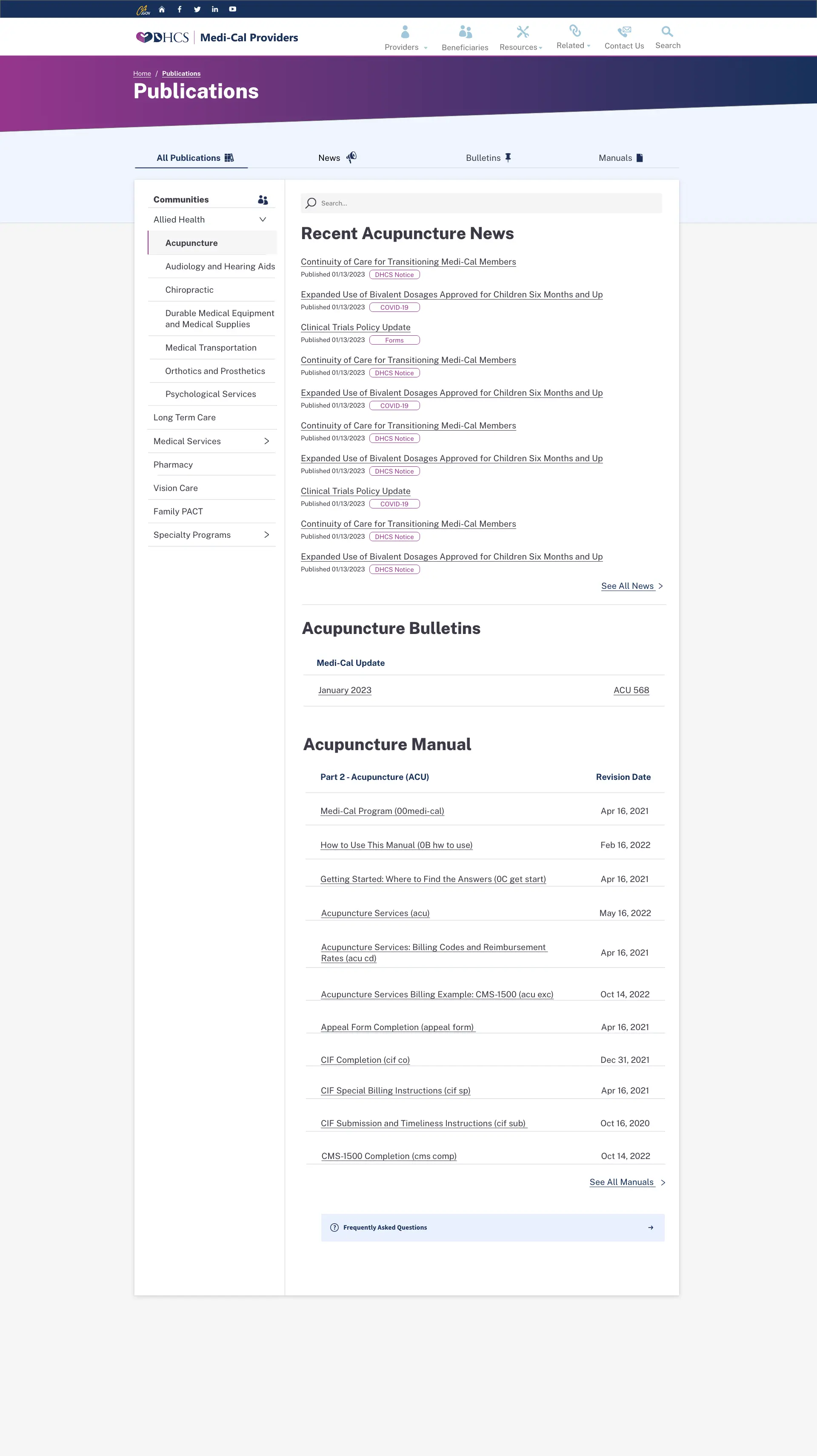 California DHCS portal homepage audit showing existing UI patterns and accessibility findings