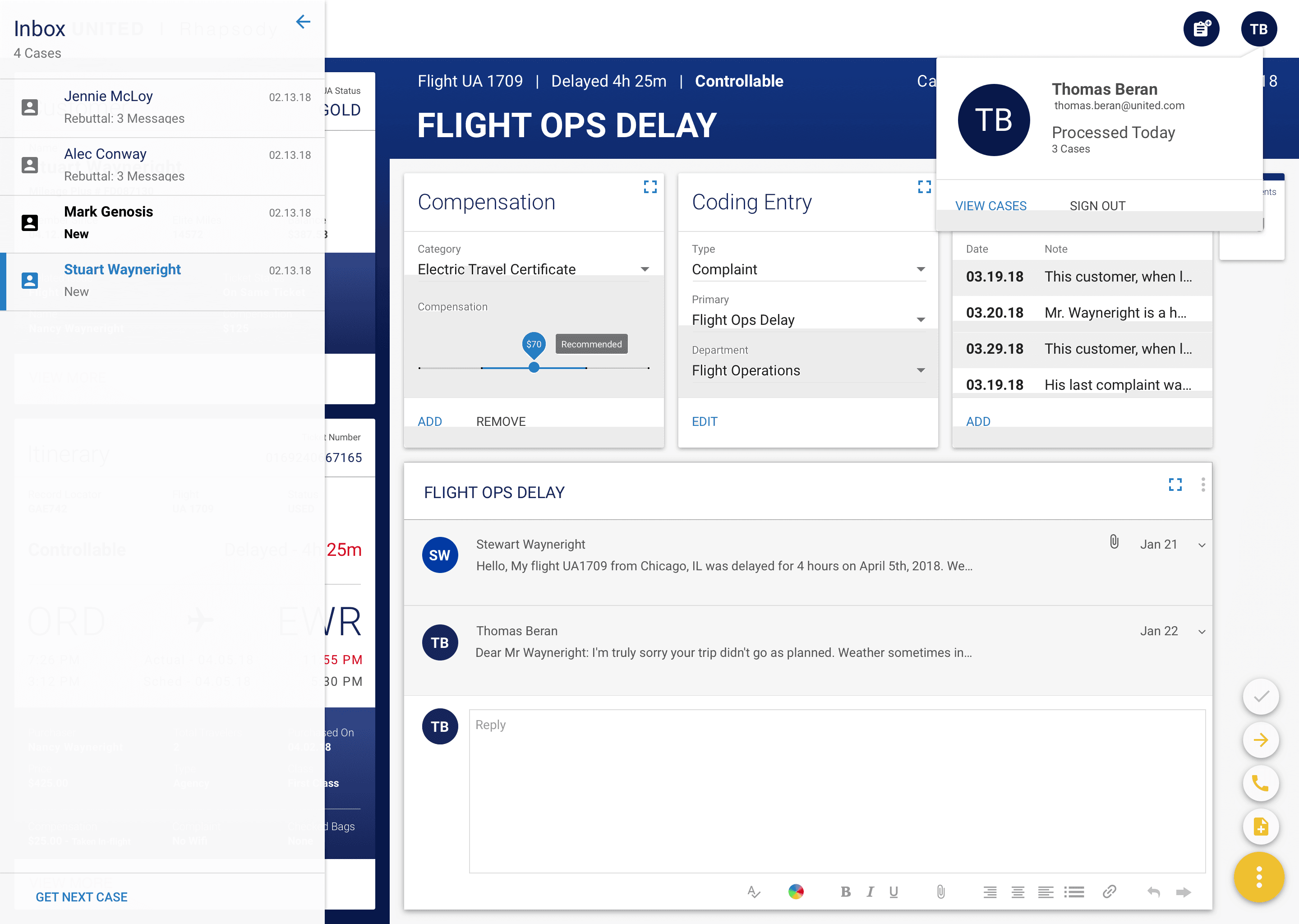 User flow showing customer complaint resolution workflow from intake to resolution