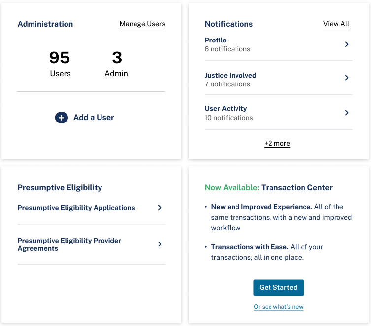 Original DHCS Provider Portal detail: shared service cards for administration, notifications, eligibility, and transactions.
